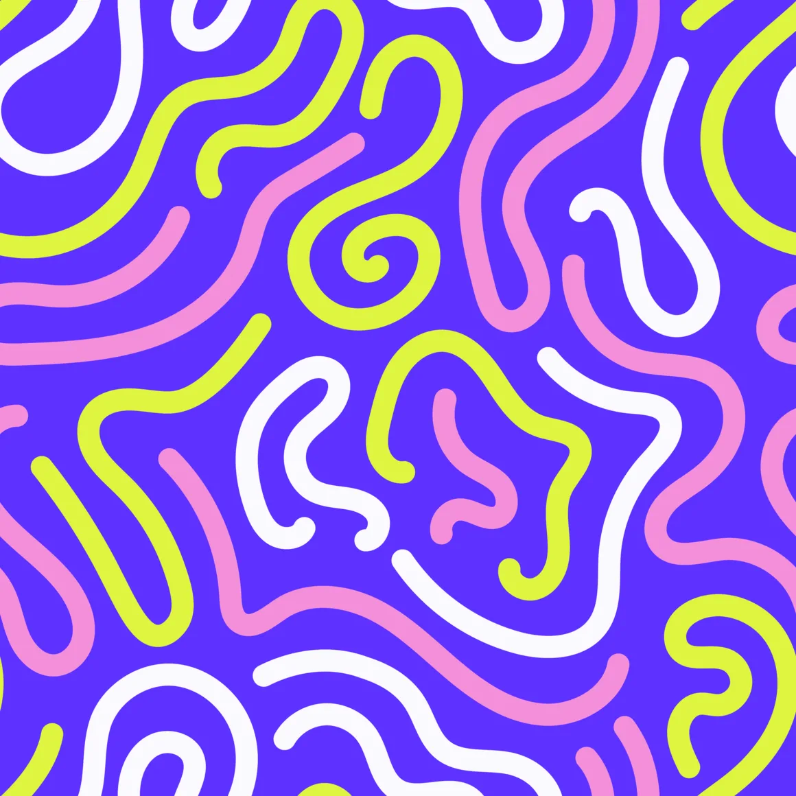 Colorful abstract pattern of tangled glowing lines on a violet background